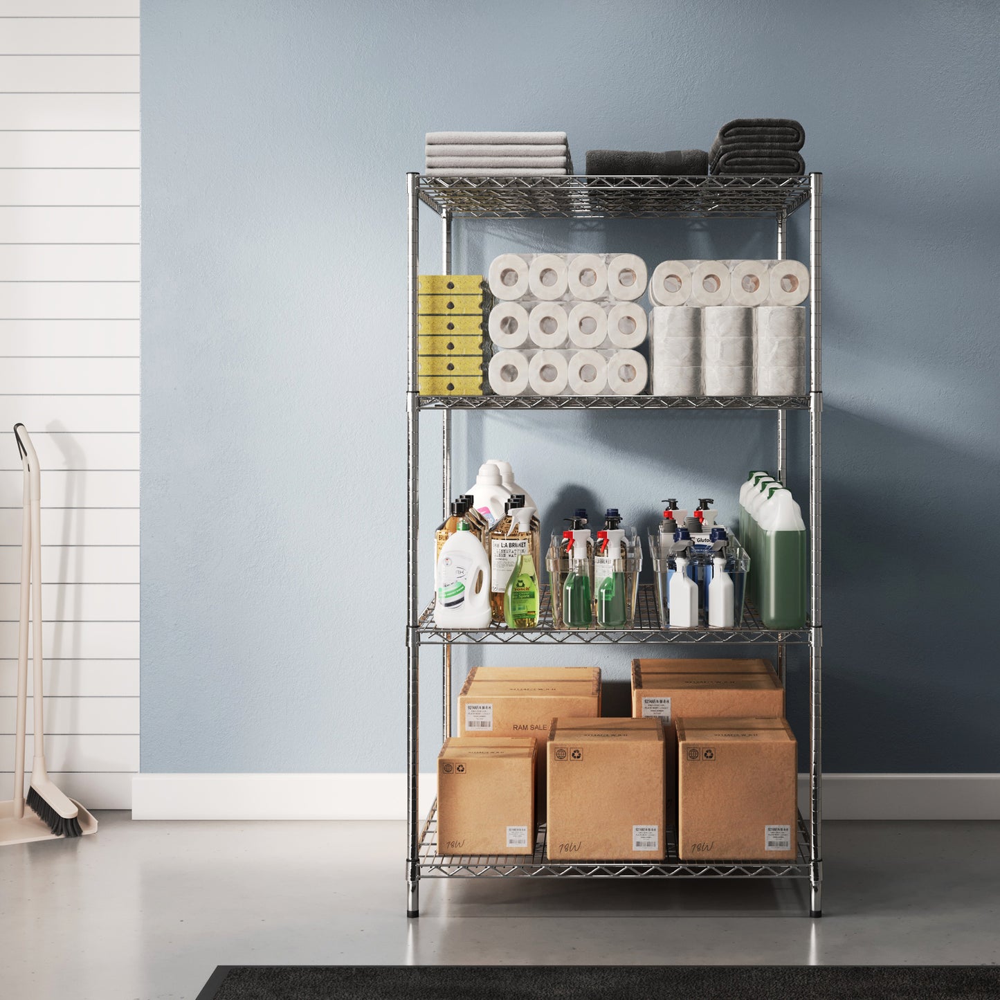 36"d x 36"w Chrome Wire Shelving w/ 4 Shelves