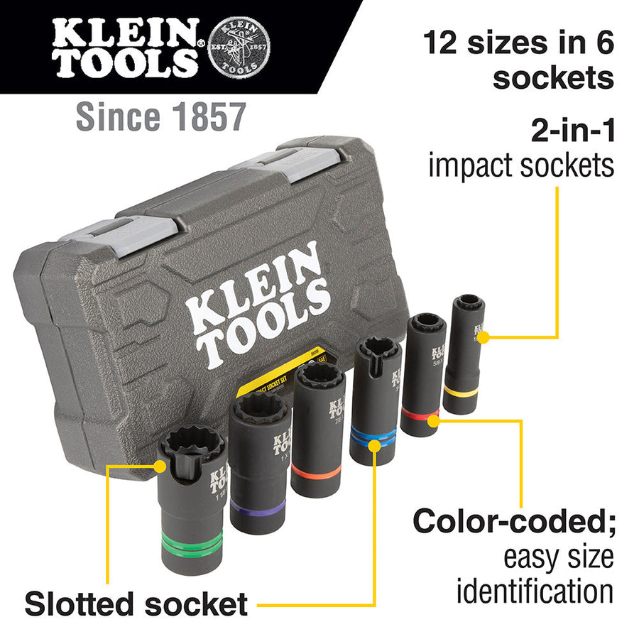 Klein 2-In-1 Slotted Impact Socket Set, 12-Point, 6-Piece (66090)