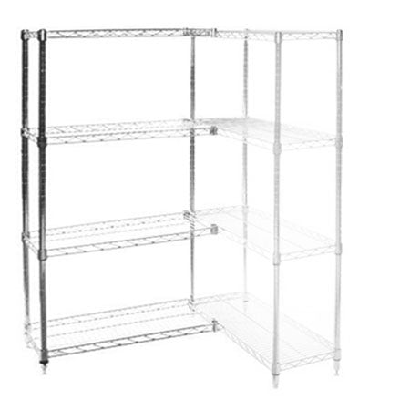 A wire shelving unit with five shelves.