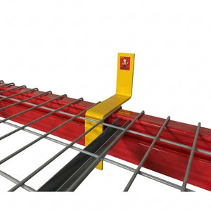 Red metal grid with yellow support bracket on a white background