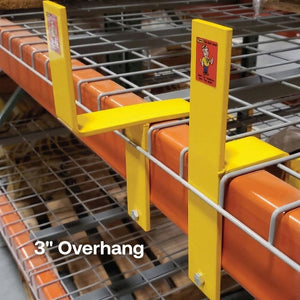 Yellow safety guardrail with 3-inch overhang on a metal pallet.