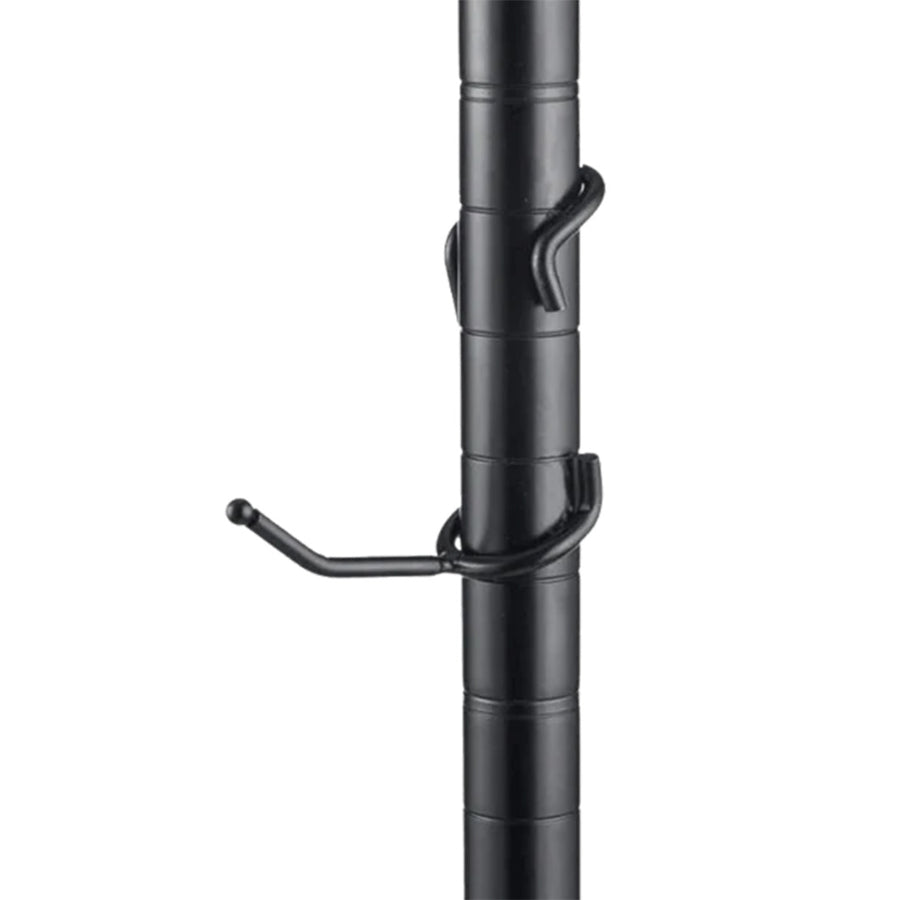 2-inch black powder-coated steel all-purpose post hook mounted on a 1-inch diameter black wire shelving post.