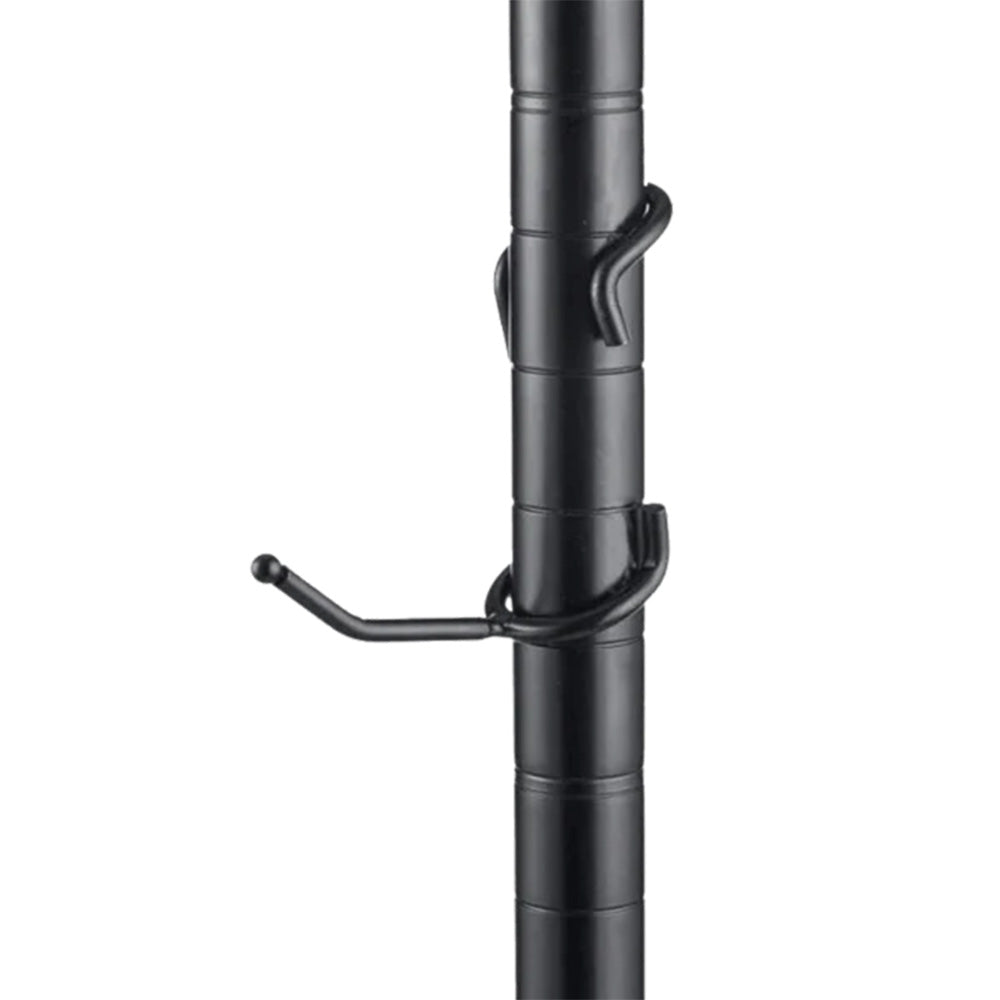 2-inch black powder-coated steel all-purpose post hook mounted on a 1-inch diameter black wire shelving post.