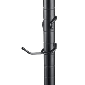 2-inch black powder-coated steel all-purpose post hook mounted on a 1-inch diameter black wire shelving post.