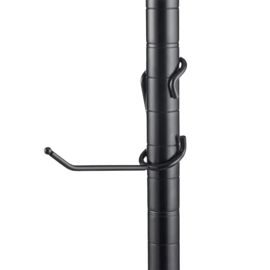 4-inch black powder-coated steel all-purpose post hook mounted on a 1-inch diameter black wire shelving post.