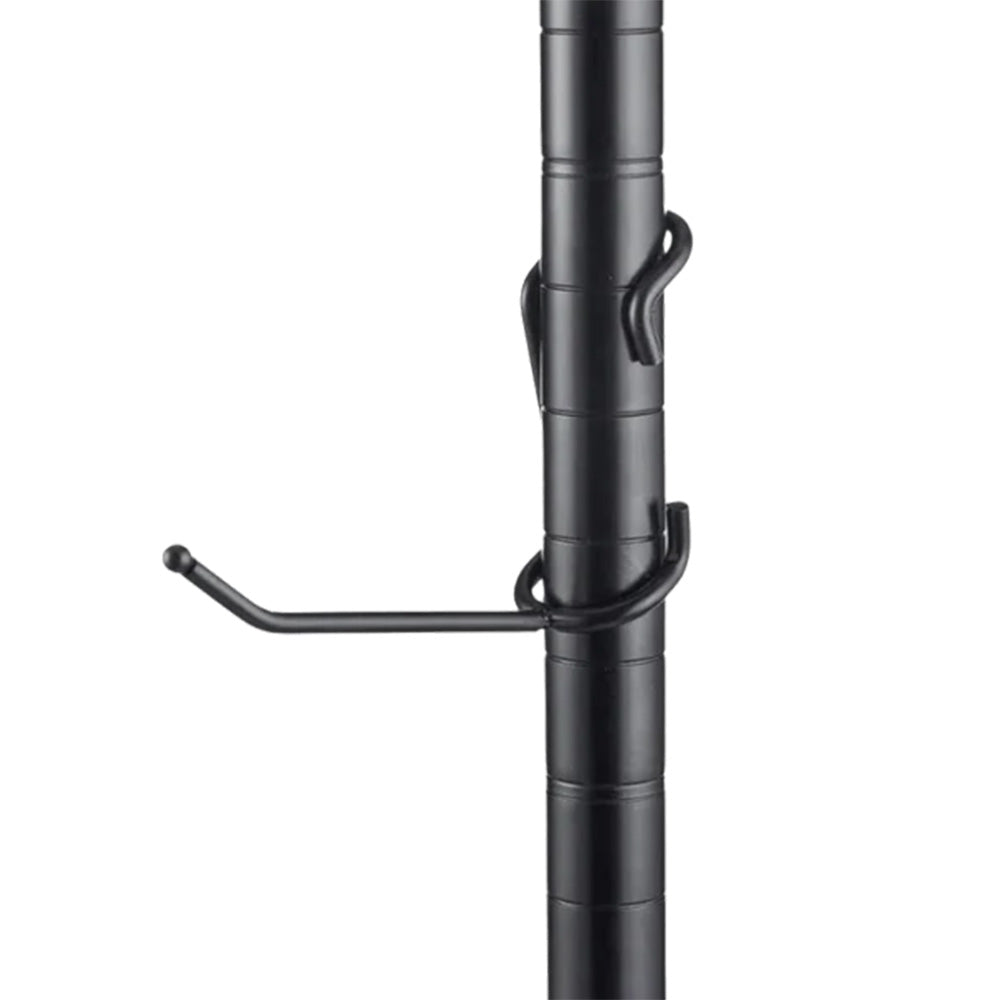 4-inch black powder-coated steel all-purpose post hook mounted on a 1-inch diameter black wire shelving post.