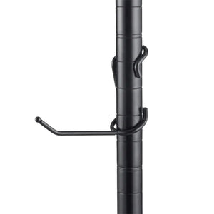 4-inch black powder-coated steel all-purpose post hook mounted on a 1-inch diameter black wire shelving post.
