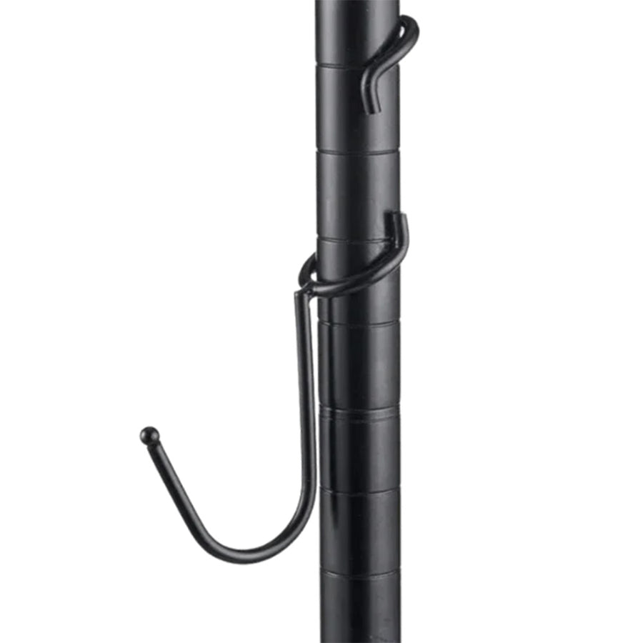 Black powder-coated steel J-style post hook mounted on a 1-inch diameter black wire shelving post.