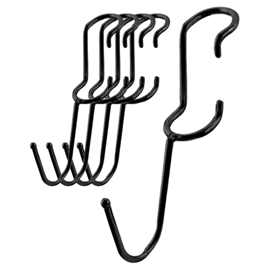 5-pack of black powder-coated steel J-style post hooks for 1-inch diameter wire shelving posts.