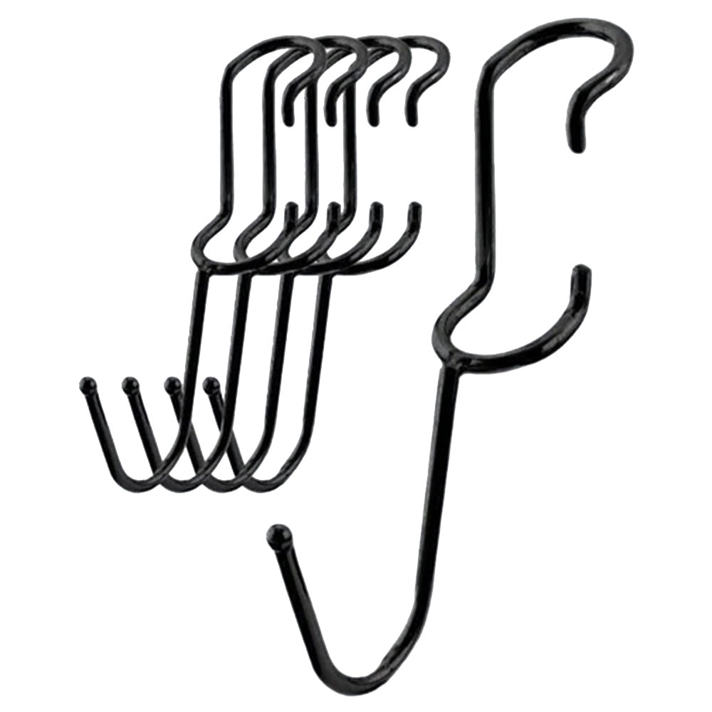 5-pack of black powder-coated steel J-style post hooks for 1-inch diameter wire shelving posts.