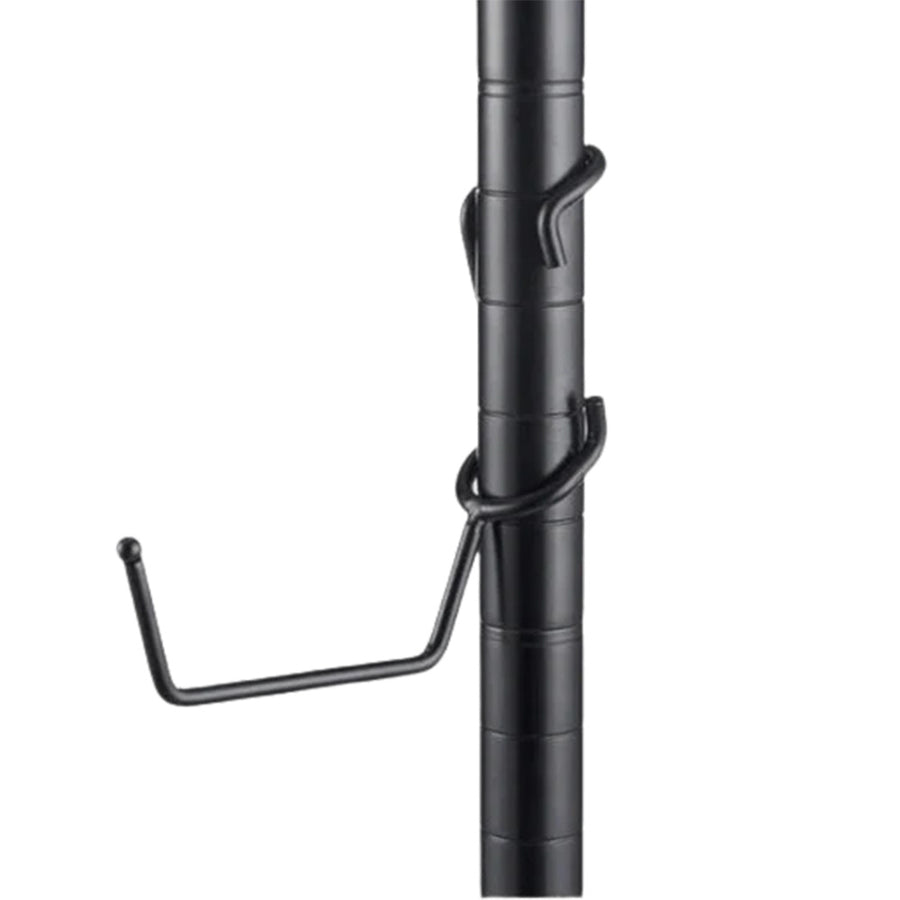 Black powder-coated steel utility hanger post hook mounted on a 1-inch diameter black wire shelving post.
