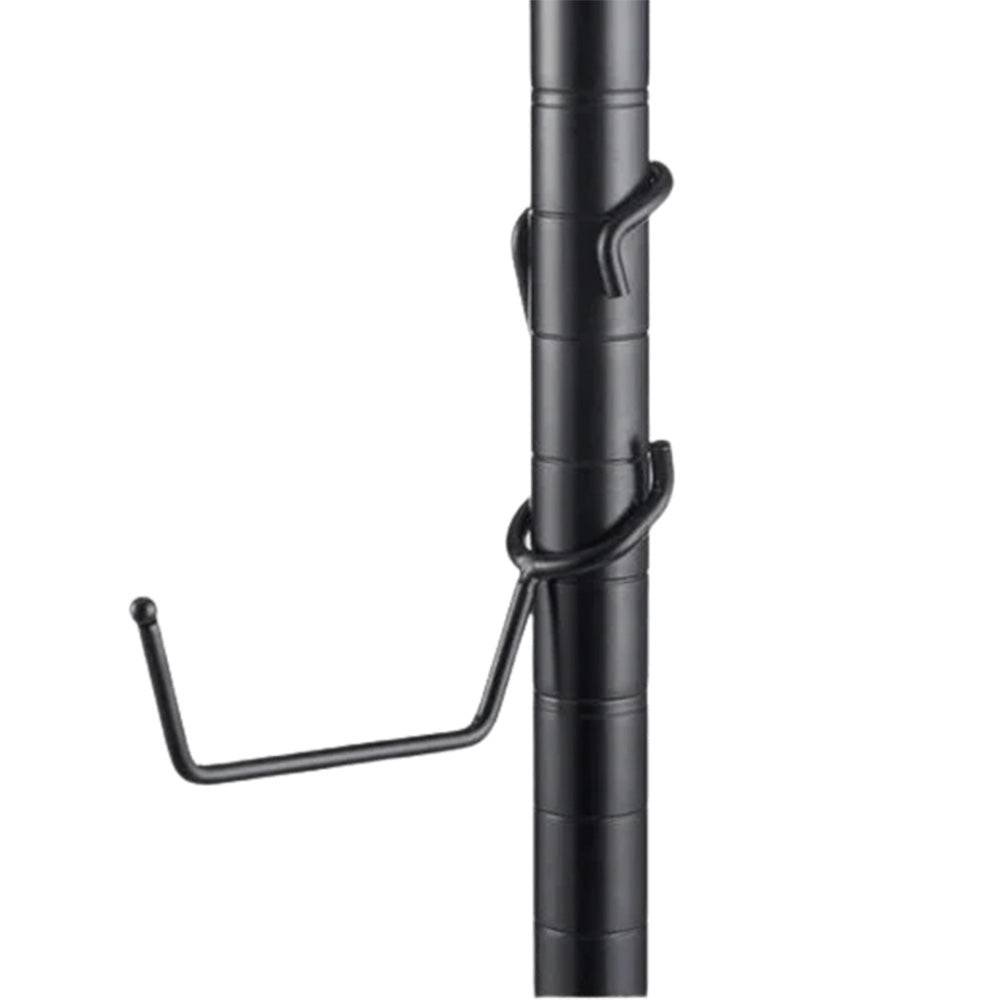 Black powder-coated steel utility hanger post hook mounted on a 1-inch diameter black wire shelving post.