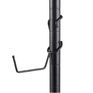 Black powder-coated steel utility hanger post hook mounted on a 1-inch diameter black wire shelving post.