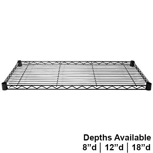 Black epoxy-coated wire shelf, available in 8, 12, and 18-inch depths for everyday storage and easy home organization.