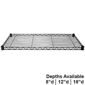 Black epoxy-coated wire shelf, available in 8, 12, and 18-inch depths for everyday storage and easy home organization.
