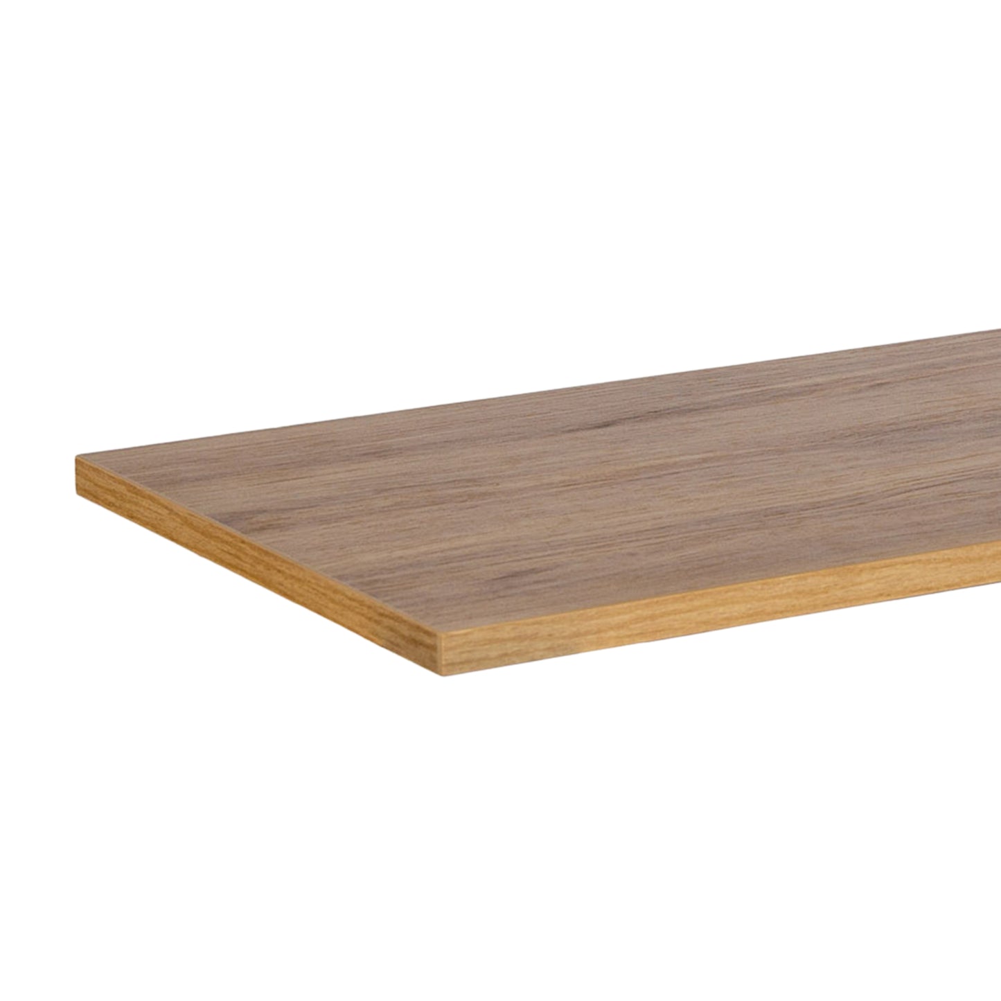 A close-up of a wooden shelf or tabletop edge with a medium brown wood grain finish, shown against a plain white background.