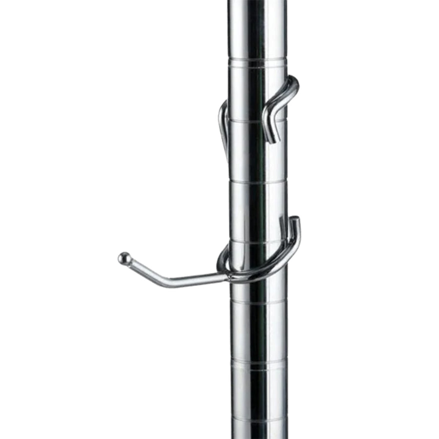 2-inch chrome-plated steel all-purpose post hook mounted on a 1-inch diameter chrome wire shelving post.