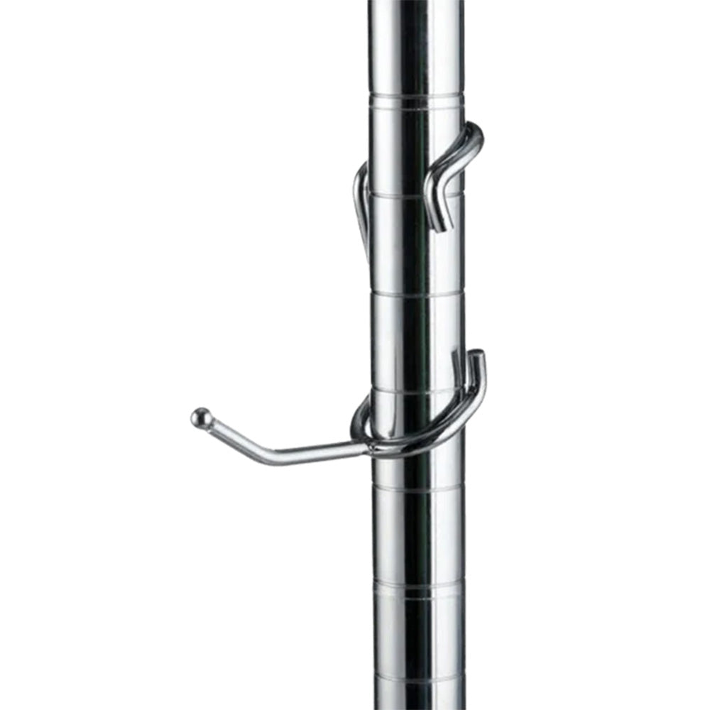2-inch chrome-plated steel all-purpose post hook mounted on a 1-inch diameter chrome wire shelving post.