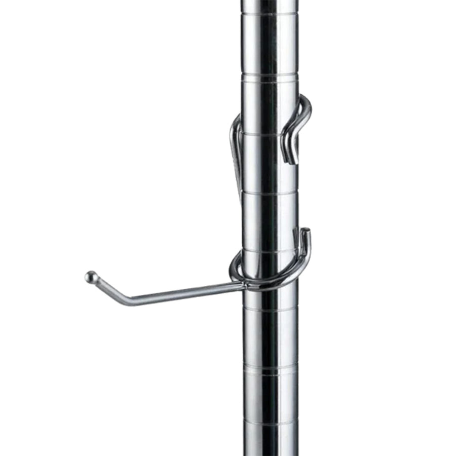 4-inch chrome-plated steel all-purpose post hook mounted on a 1-inch diameter chrome wire shelving post.