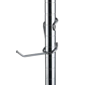 4-inch chrome-plated steel all-purpose post hook mounted on a 1-inch diameter chrome wire shelving post.