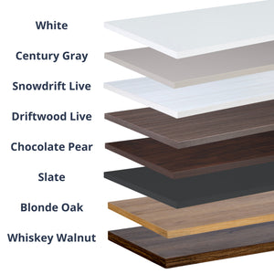 A vertical stack of labeled wood-look panel or countertop color/finish options: White, Century Gray, Snowdrift Live, Driftwood Live, Chocolate Pear, Slate, Blonde Oak, and Whiskey Walnut, shown as layered sample boards on a white background.