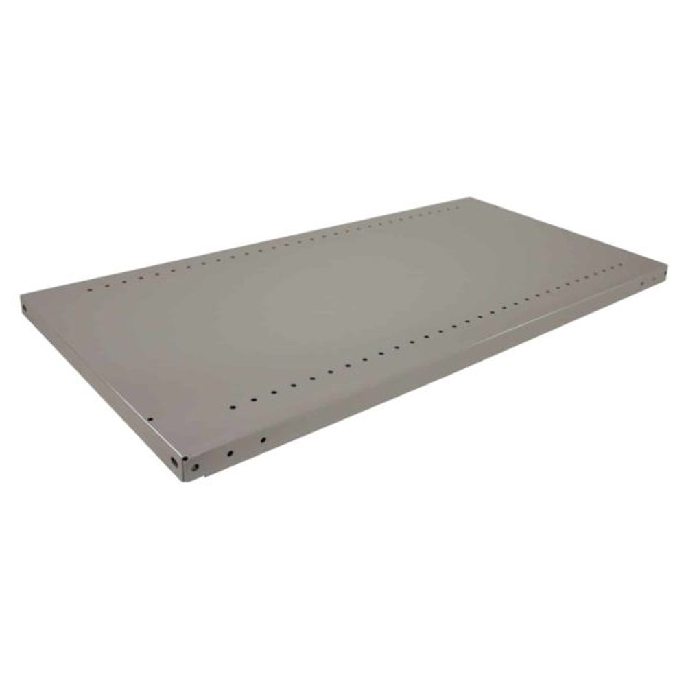 A silver metal shelf with holes along the edges