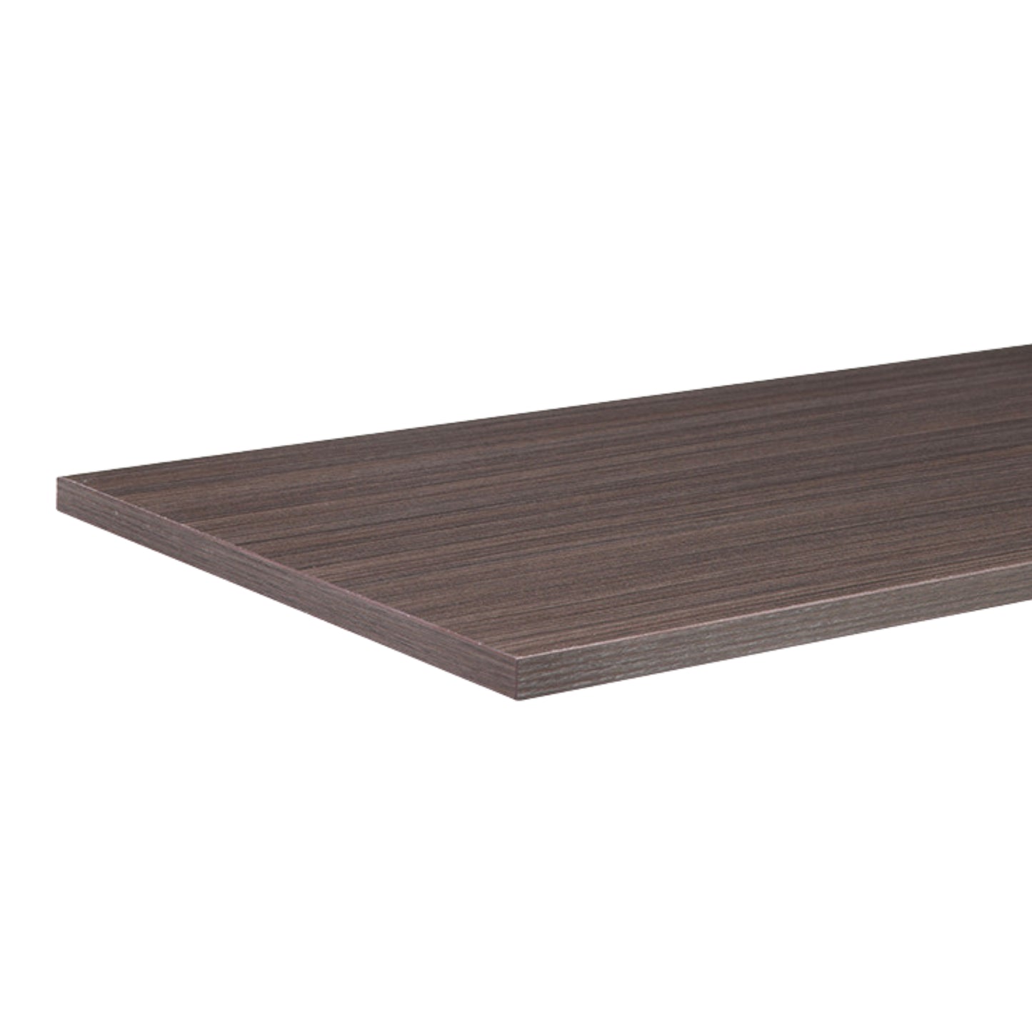 A close-up of a dark brown wood grain shelf or tabletop edge against a plain white background.