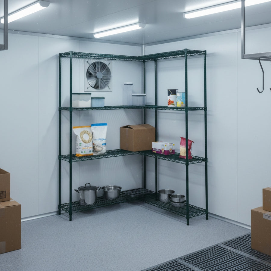 Green Wire Shelving Corner Unit