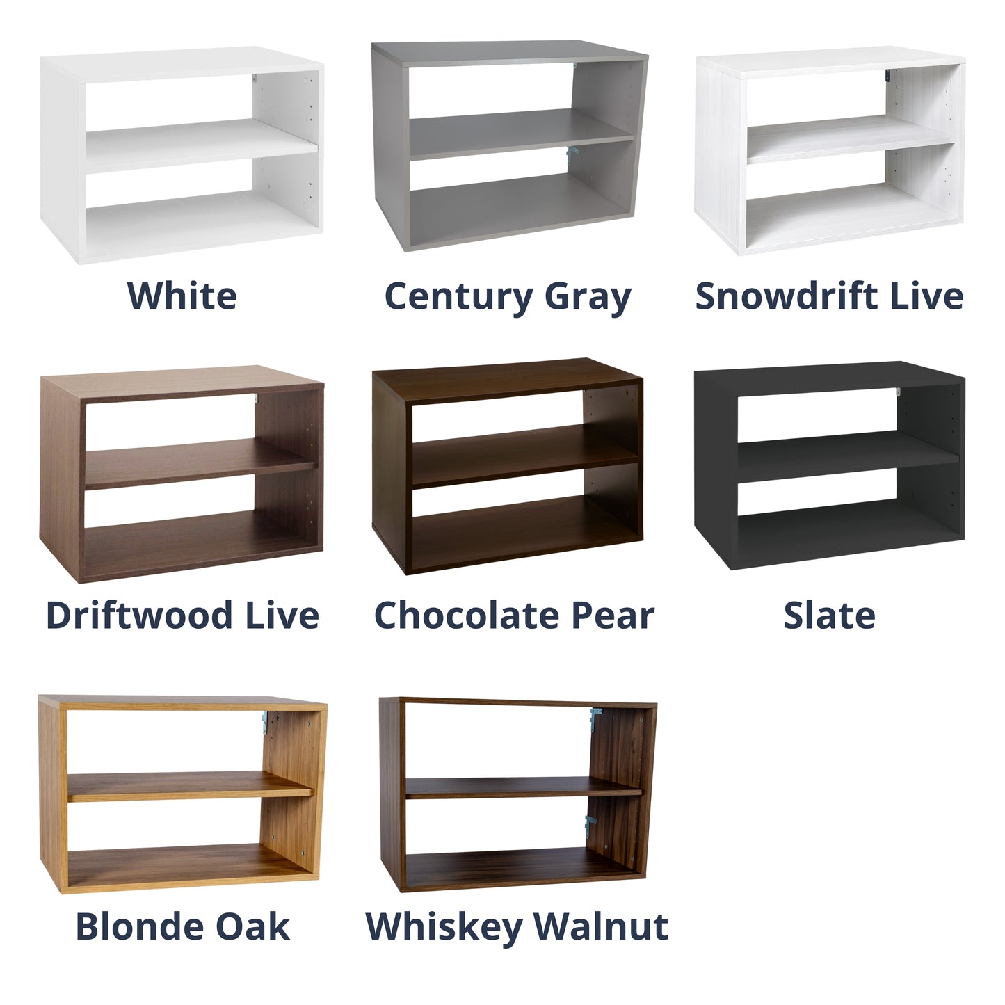 List of O-Box colors on a white background: White, Century Gray, Snowdrift Live, Driftwood Live, Chocolate Pear, Slate, Blonde Oak, Whiskey Walnut