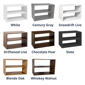 List of O-Box colors on a white background: White, Century Gray, Snowdrift Live, Driftwood Live, Chocolate Pear, Slate, Blonde Oak, Whiskey Walnut