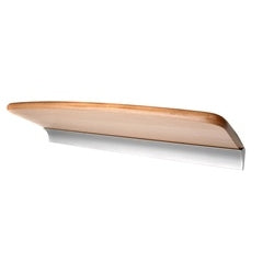 A wooden shelf with a curved edge