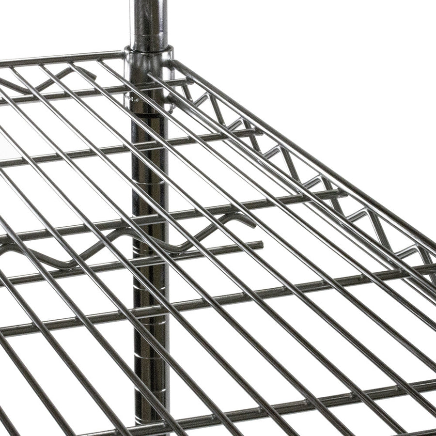 Close-up of shelving corner showing welded joints and support bars in chrome finish.