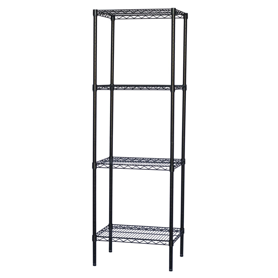 Black metal wire shelving unit with four shelves, holding storage bins and household cleaning supplies.