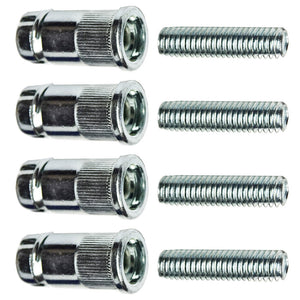 Set of four chrome post extension kits for 1-inch diameter wire shelving posts, featuring splicers and threaded bolts.
