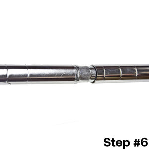 Final step for installing a 1-inch diameter wire shelving post extension kit, displaying two chrome shelving posts connected with the kit.