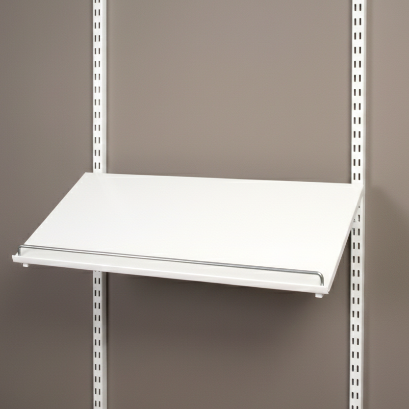 White hanging shelf attached to a metal bracket against a brown wall.