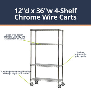 4-Shelf Chrome Wire Carts - 12"d x 36"w