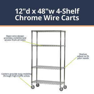 4-Shelf Chrome Wire Carts - 12"d x 48"w