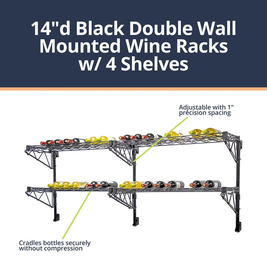 14"d Black Double Wall Mounted Wine Racks w/ 4 Shelves