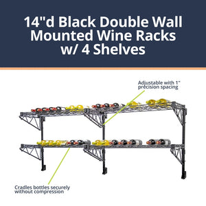 14"d Black Double Wall Mounted Wine Racks w/ 4 Shelves