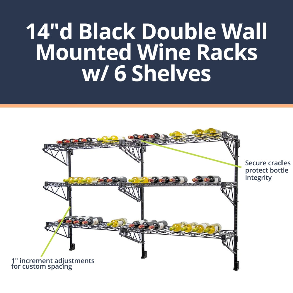 14"d Black Double Wall Mounted Wine Racks w/ 6 Shelves