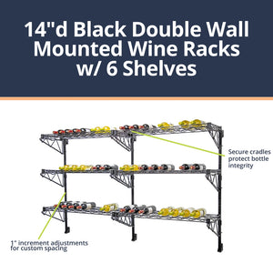 14"d Black Double Wall Mounted Wine Racks w/ 6 Shelves