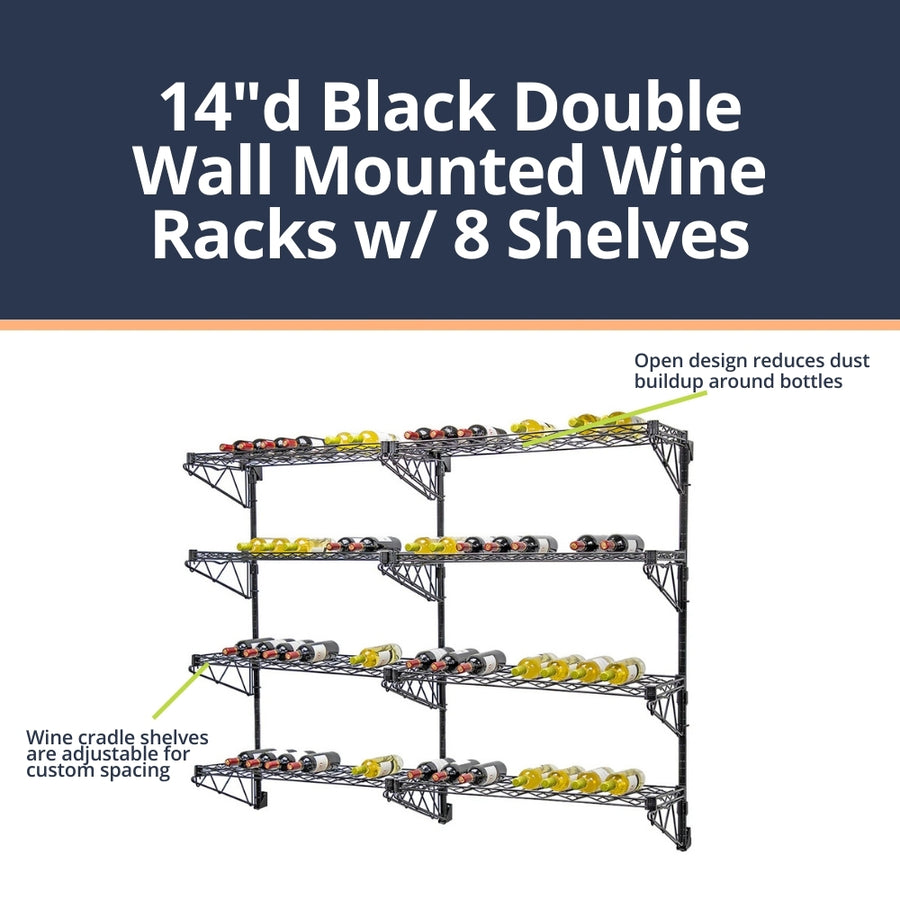 14"d Black Double Wall Mounted Wine Racks w/ 8 Shelves