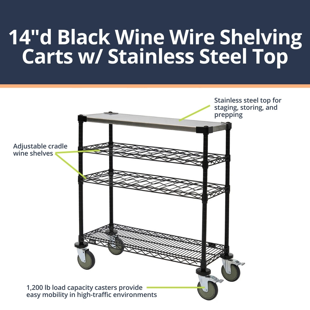 14"d Black Wine Wire Shelving Carts w/ Stainless Steel Top