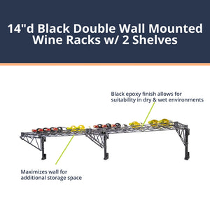 14"d Black Double Wall Mounted Wine Racks w/ 2 Shelves