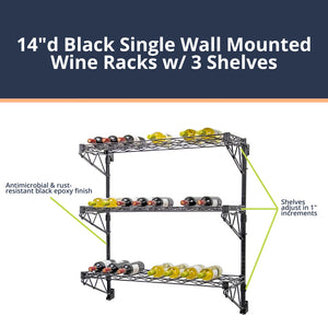 14"d Black Single Wall Mounted Wine Racks w/ 3 Shelves