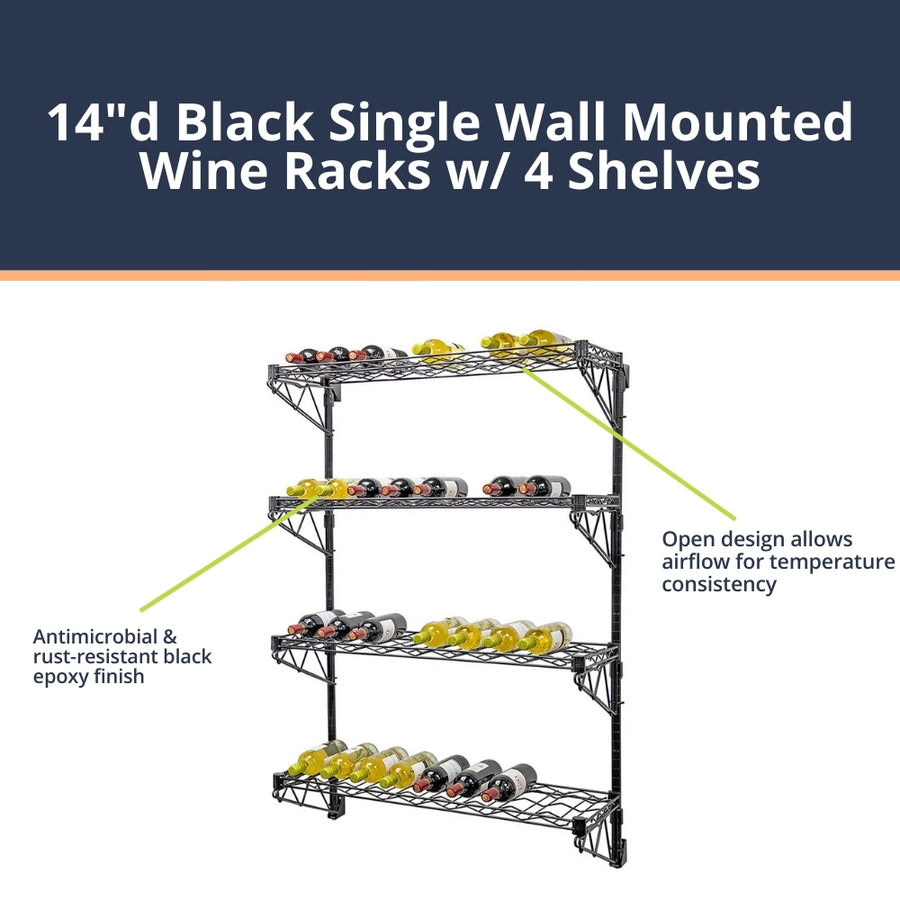 14"d Black Single Wall Mounted Wine Racks w/ 4 Shelves