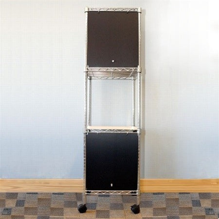 A three-tier shelving unit with metal frame and black panels