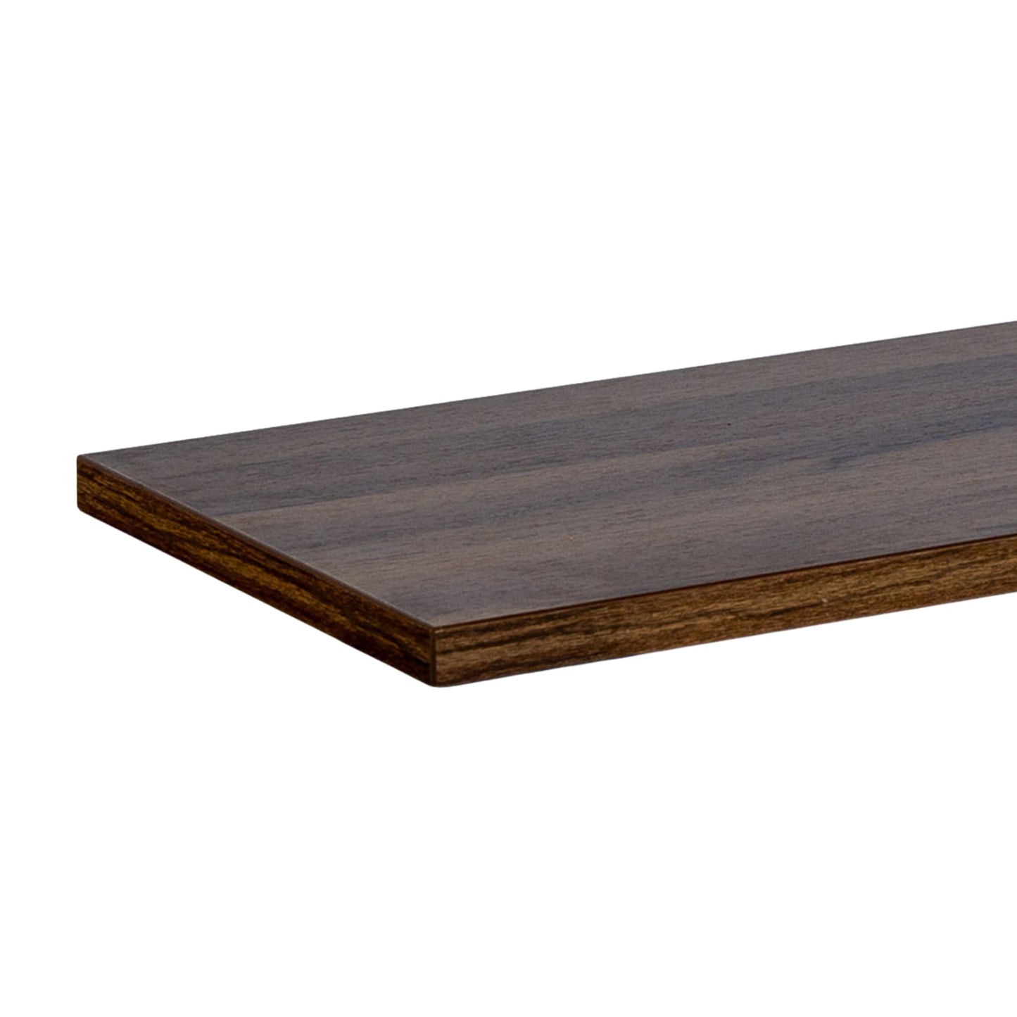 A close-up of a dark brown wood shelf or tabletop edge with visible wood grain and a clean cut corner, shown on a plain white background.