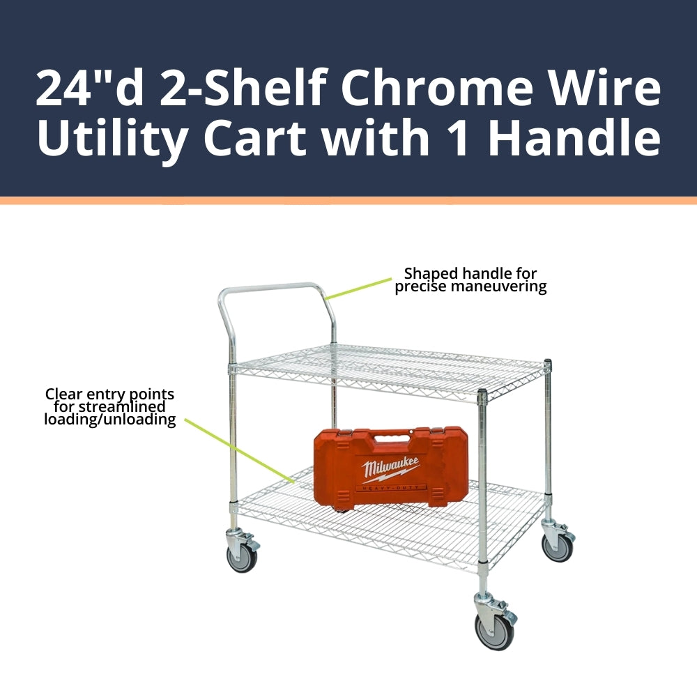 24"d 2-Shelf Chrome Wire Utility Cart with 1 Handle